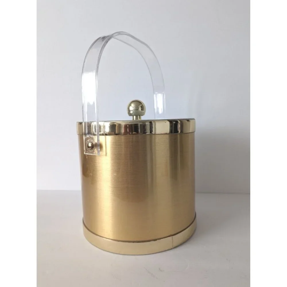 Vintage Ice Bucket Gold Hollywood Regency Acrylic Handle Clear Lid - Picture 4 of 9